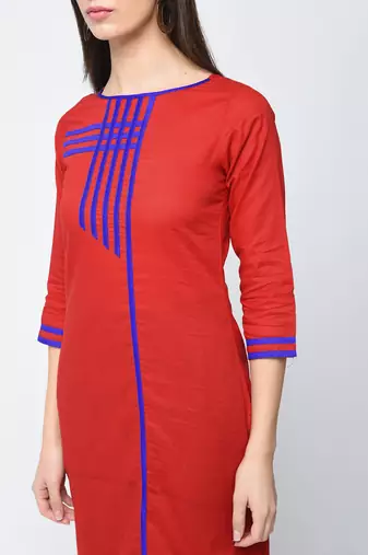 cotton straight kurta with patchwork ,red,(s,m,l,xl,2xl,3xl)