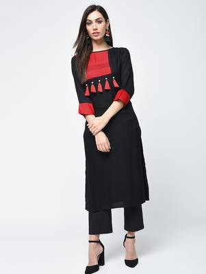 rayon color block straight kurta with tassels ,black,(s,m,l,xl,2xl,3xl) 1