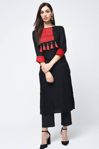 rayon color block straight kurta with tassels  black