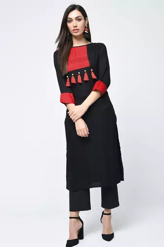 rayon color block straight kurta with tassels ,black,(s,m,l,xl,2xl,3xl)