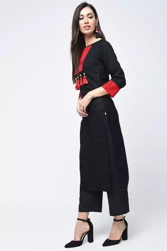 rayon color block straight kurta with tassels ,black,(s,m,l,xl,2xl,3xl)