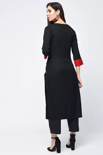 rayon color block straight kurta with tassels ,black,(s,m,l,xl,2xl,3xl)