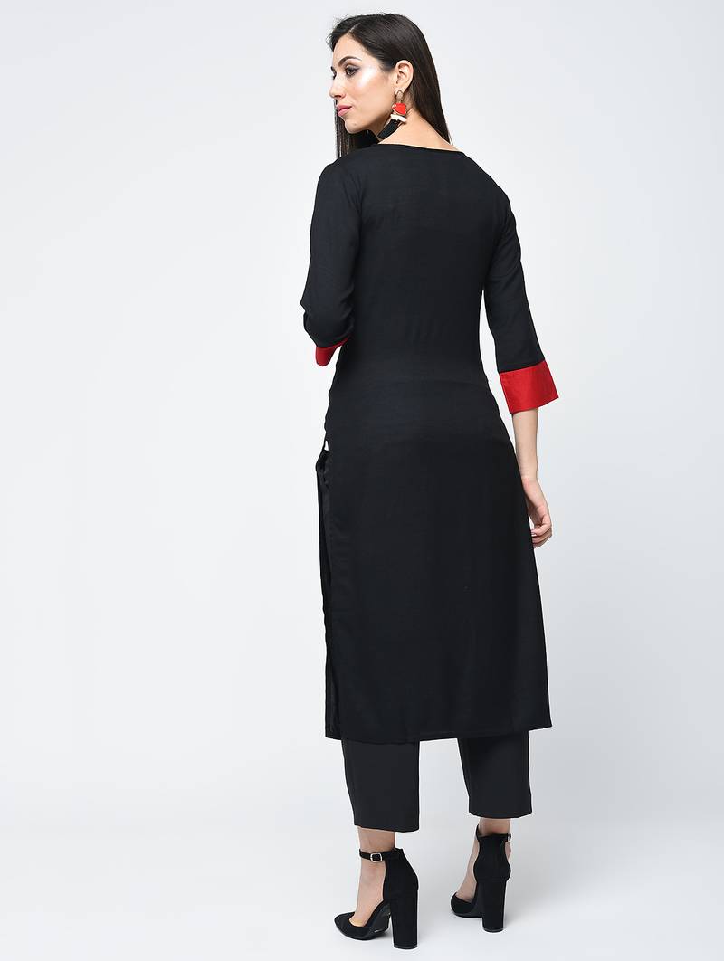 rayon color block straight kurta with tassels ,black,(s,m,l,xl,2xl,3xl)