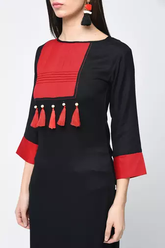 rayon color block straight kurta with tassels ,black,(s,m,l,xl,2xl,3xl)