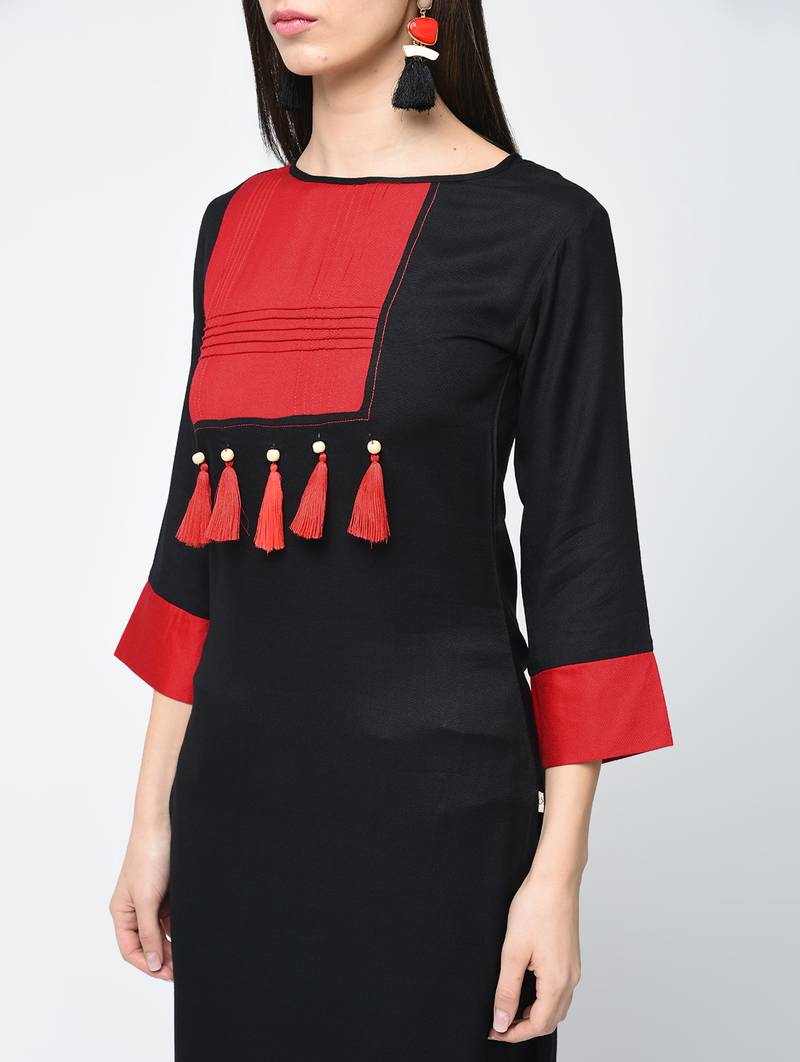 rayon color block straight kurta with tassels ,black,(s,m,l,xl,2xl,3xl)