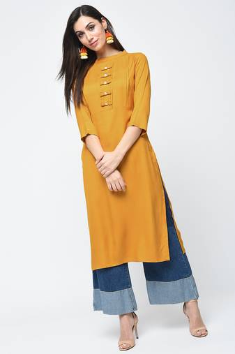 rayon solid straight kurta mustard