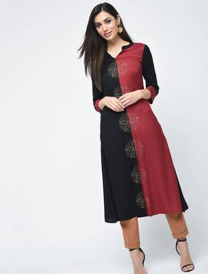 rayon block printed a-line kurta,black,(s,m,l,xl,2xl,3xl) 1