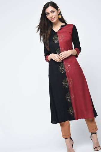 rayon block printed a-line kurta black