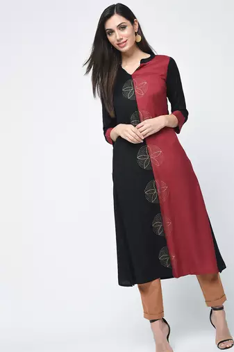 rayon block printed a-line kurta,black,(s,m,l,xl,2xl,3xl)