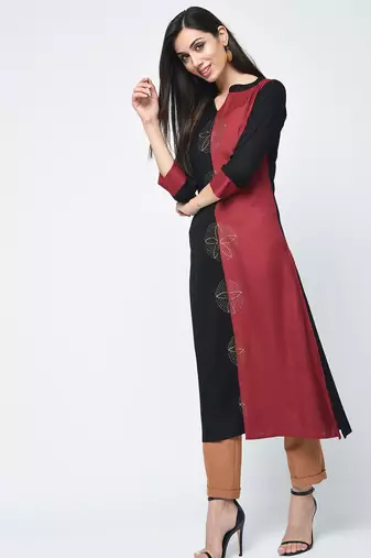 rayon block printed a-line kurta,black,(s,m,l,xl,2xl,3xl)