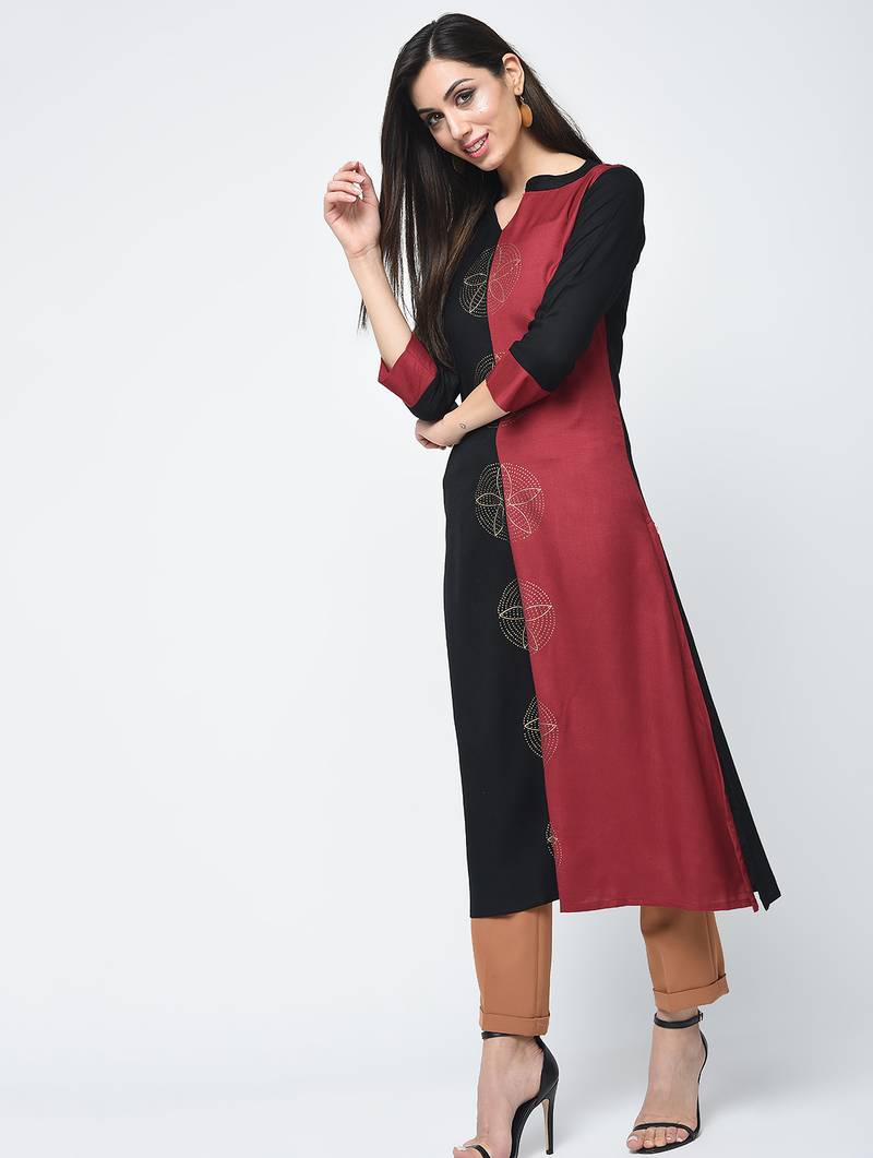 rayon block printed a-line kurta,black,(s,m,l,xl,2xl,3xl)