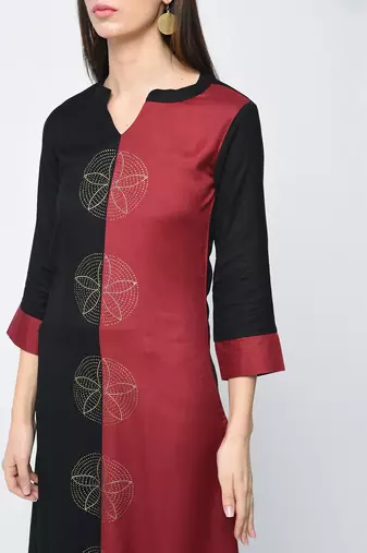 rayon block printed a-line kurta,black,(s,m,l,xl,2xl,3xl)