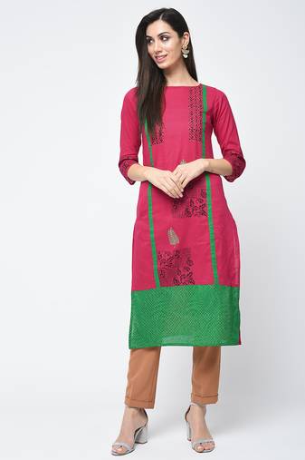 cotton block printed straight kurta pink