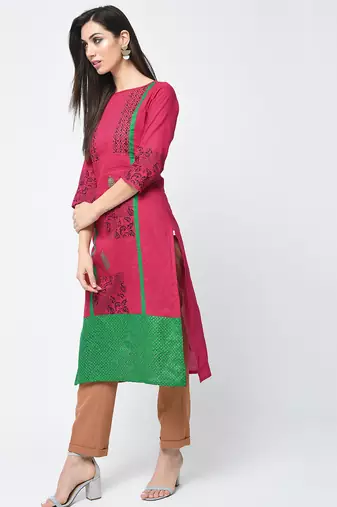 cotton block printed straight kurta,pink,(s,m,l,xl,2xl,3xl)