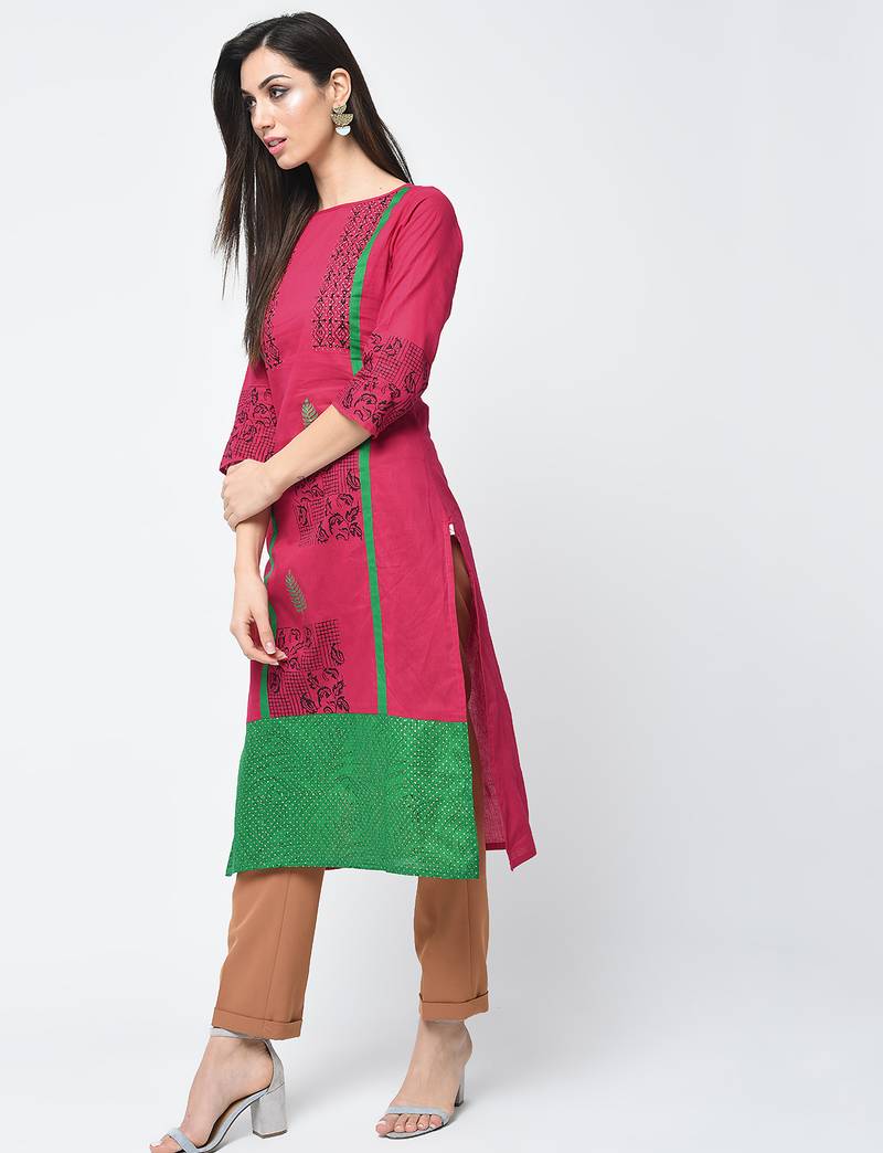 cotton block printed straight kurta,pink,(s,m,l,xl,2xl,3xl)