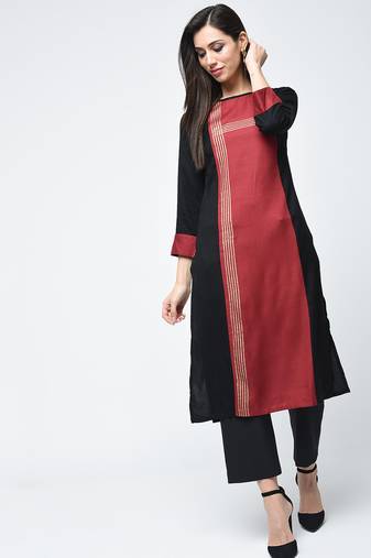 rayon block printed straight kurta red