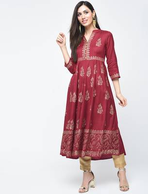 Rayon block printed anarkali kurta,maroon,(s,m,l,xl,2xl,3xl) 1