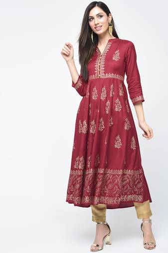 Rayon block printed anarkali kurta maroon