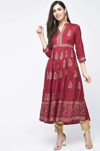 Rayon block printed anarkali kurta,maroon,(s,m,l,xl,2xl,3xl)
