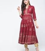Rayon block printed anarkali kurta,maroon,(s,m,l,xl,2xl,3xl)