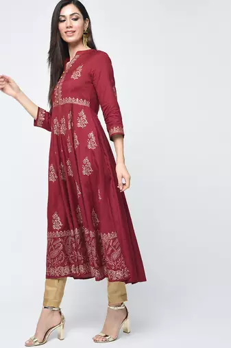 Rayon block printed anarkali kurta,maroon,(s,m,l,xl,2xl,3xl)
