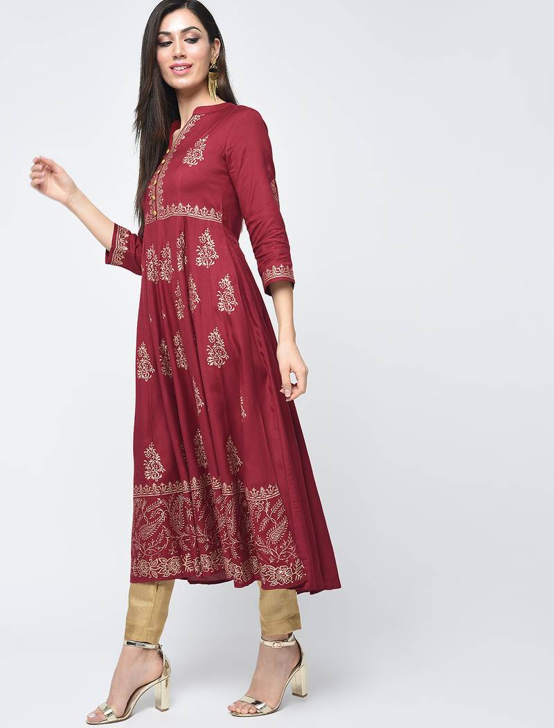 Rayon block printed anarkali kurta,maroon,(s,m,l,xl,2xl,3xl)