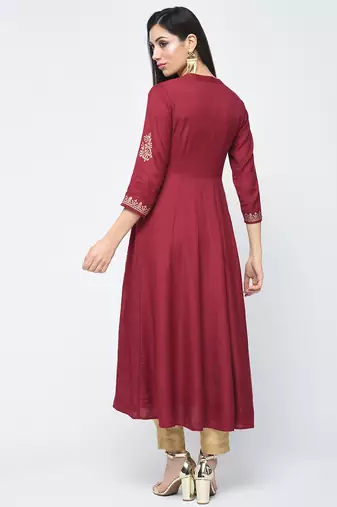 Rayon block printed anarkali kurta,maroon,(s,m,l,xl,2xl,3xl)