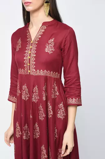 Rayon block printed anarkali kurta,maroon,(s,m,l,xl,2xl,3xl)