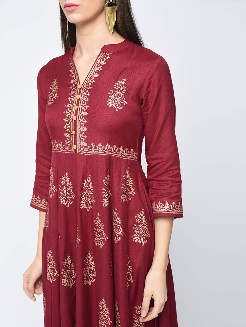 Rayon block printed anarkali kurta,maroon,(s,m,l,xl,2xl,3xl)