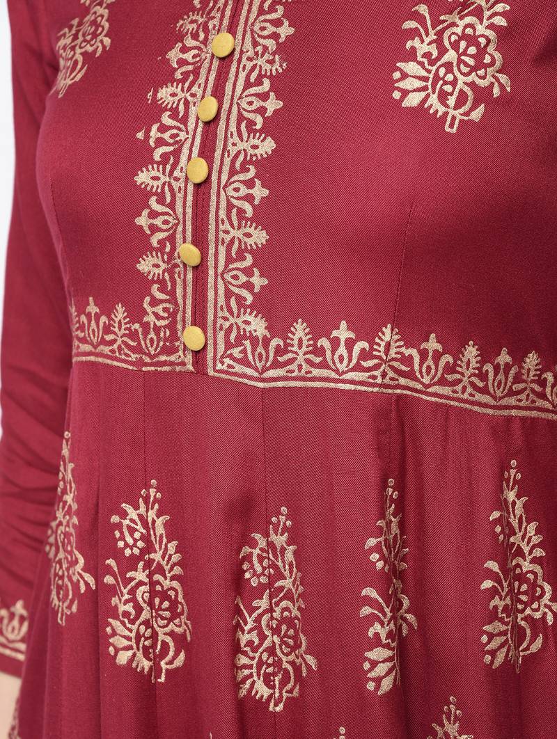 Rayon block printed anarkali kurta,maroon,(s,m,l,xl,2xl,3xl)