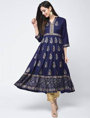 Rayon block printed anarkali kurta,blue,(s,m,l,xl,2xl,3xl) 1