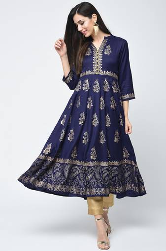 Rayon block printed anarkali kurta blue