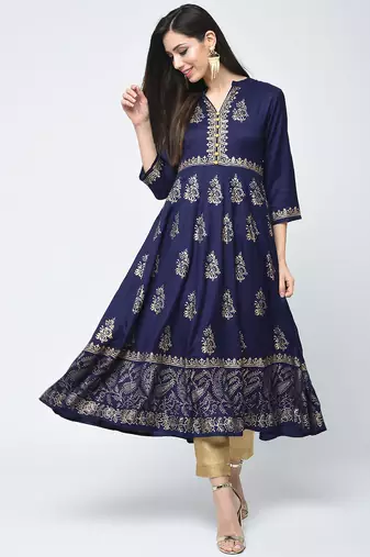Rayon block printed anarkali kurta,blue,(s,m,l,xl,2xl,3xl)