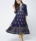 Rayon block printed anarkali kurta,blue,(s,m,l,xl,2xl,3xl)