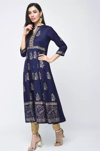 Rayon block printed anarkali kurta,blue,(s,m,l,xl,2xl,3xl)