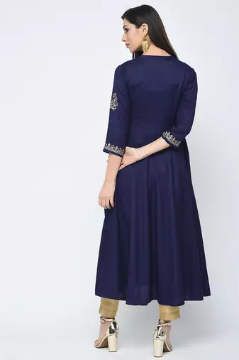 Rayon block printed anarkali kurta,blue,(s,m,l,xl,2xl,3xl)