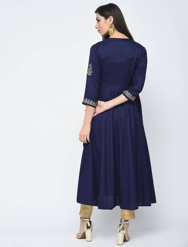 Rayon block printed anarkali kurta,blue,(s,m,l,xl,2xl,3xl)