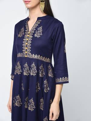 Rayon block printed anarkali kurta,blue,(s,m,l,xl,2xl,3xl) 4