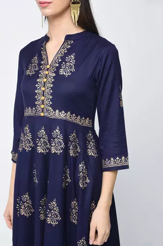 Rayon block printed anarkali kurta,blue,(s,m,l,xl,2xl,3xl)