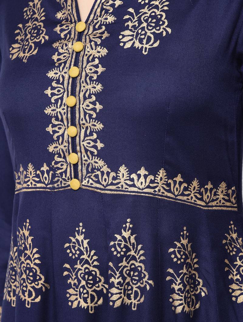 Rayon block printed anarkali kurta,blue,(s,m,l,xl,2xl,3xl)