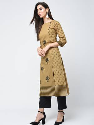 cotton block printed front slit kurta,beige,(s,m,l,xl,2xl,3xl) 1