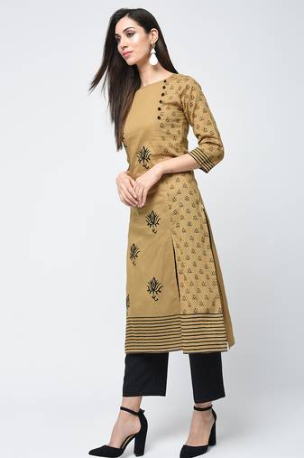 cotton block printed front slit kurta,beige,(s,m,l,xl,2xl,3xl)