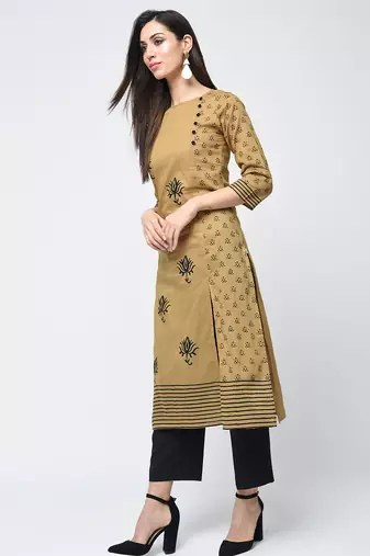 cotton block printed front slit kurta,beige,(s,m,l,xl,2xl,3xl)