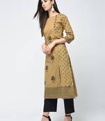cotton block printed front slit kurta,beige,(s,m,l,xl,2xl,3xl)