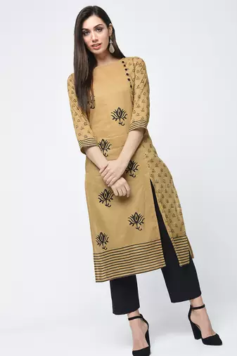 cotton block printed front slit kurta,beige,(s,m,l,xl,2xl,3xl)