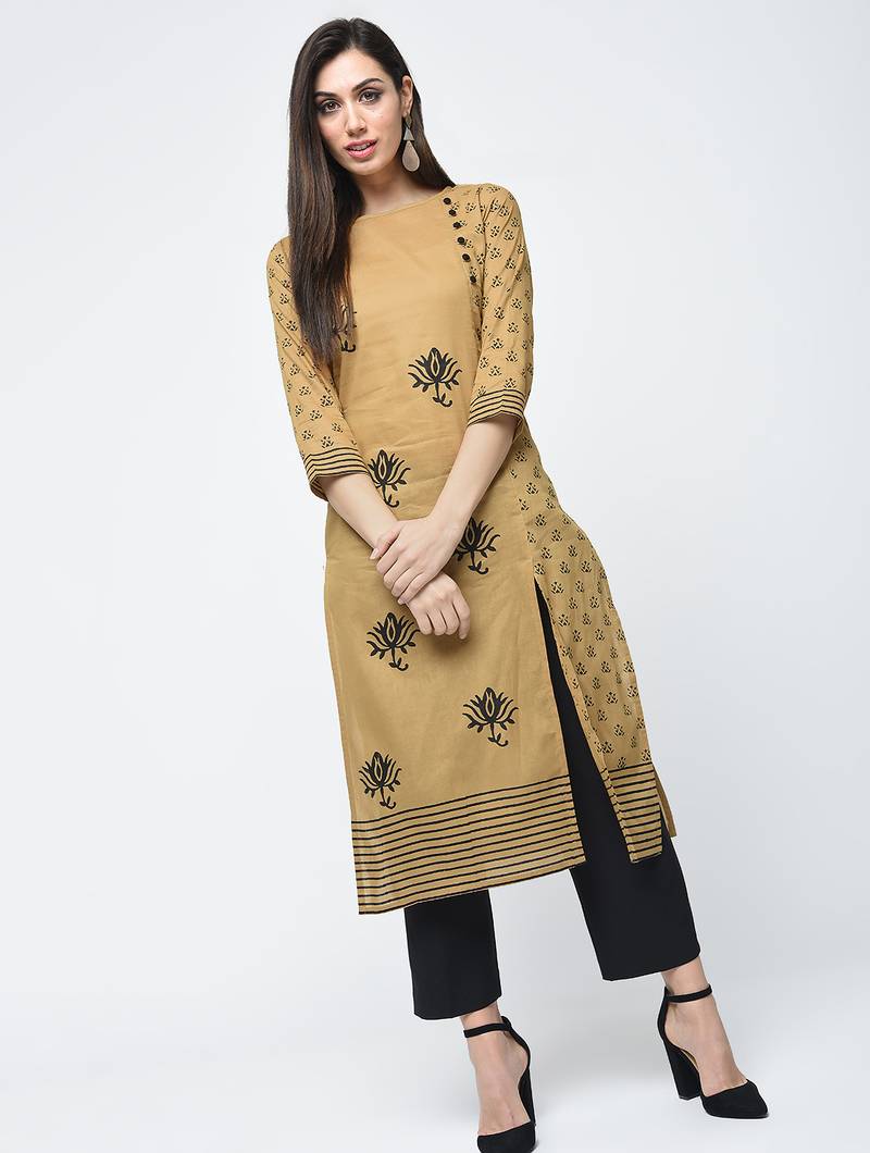 cotton block printed front slit kurta,beige,(s,m,l,xl,2xl,3xl)