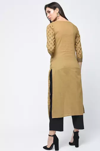 cotton block printed front slit kurta,beige,(s,m,l,xl,2xl,3xl)