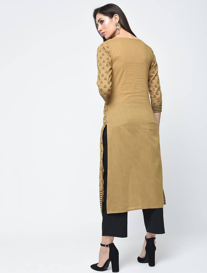 cotton block printed front slit kurta,beige,(s,m,l,xl,2xl,3xl)