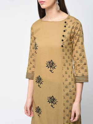 cotton block printed front slit kurta,beige,(s,m,l,xl,2xl,3xl) 4