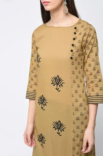 cotton block printed front slit kurta,beige,(s,m,l,xl,2xl,3xl)